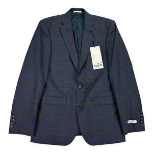 Bar III Mens Slim Fit Wool Blend Active Stretch Plaid Suit Jacket Blue Tan 36R